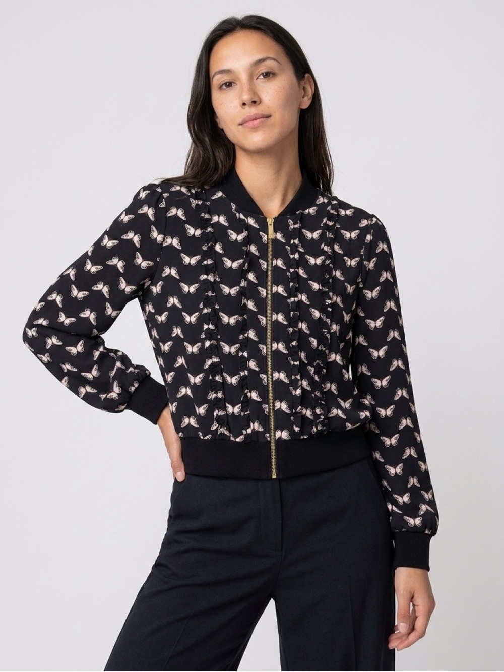 Kate Spade New York Butterfly Ruffled Details Bomber Jacket Black Medium